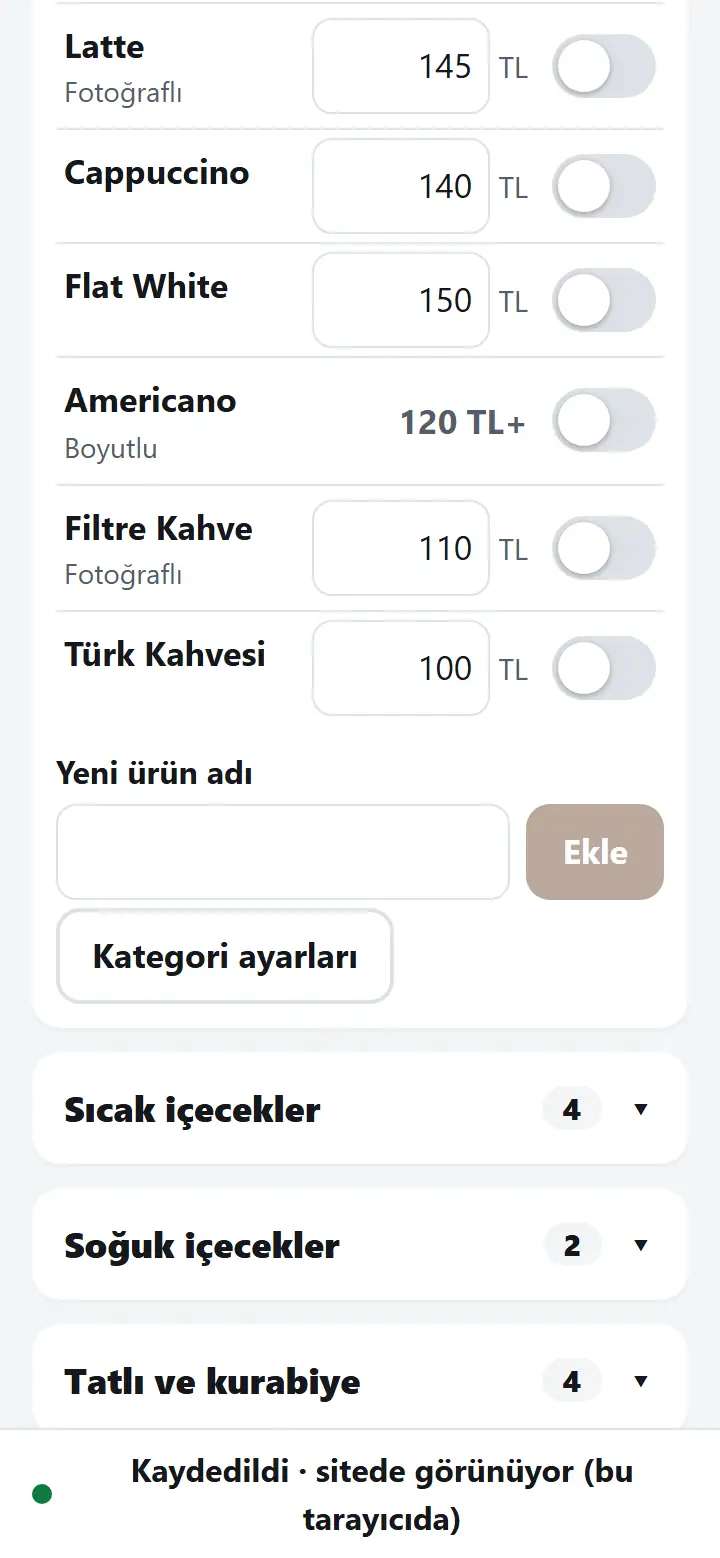 Yönetim panelinde Türk Kahvesi fiyatı 100 TL olarak değiştirildi