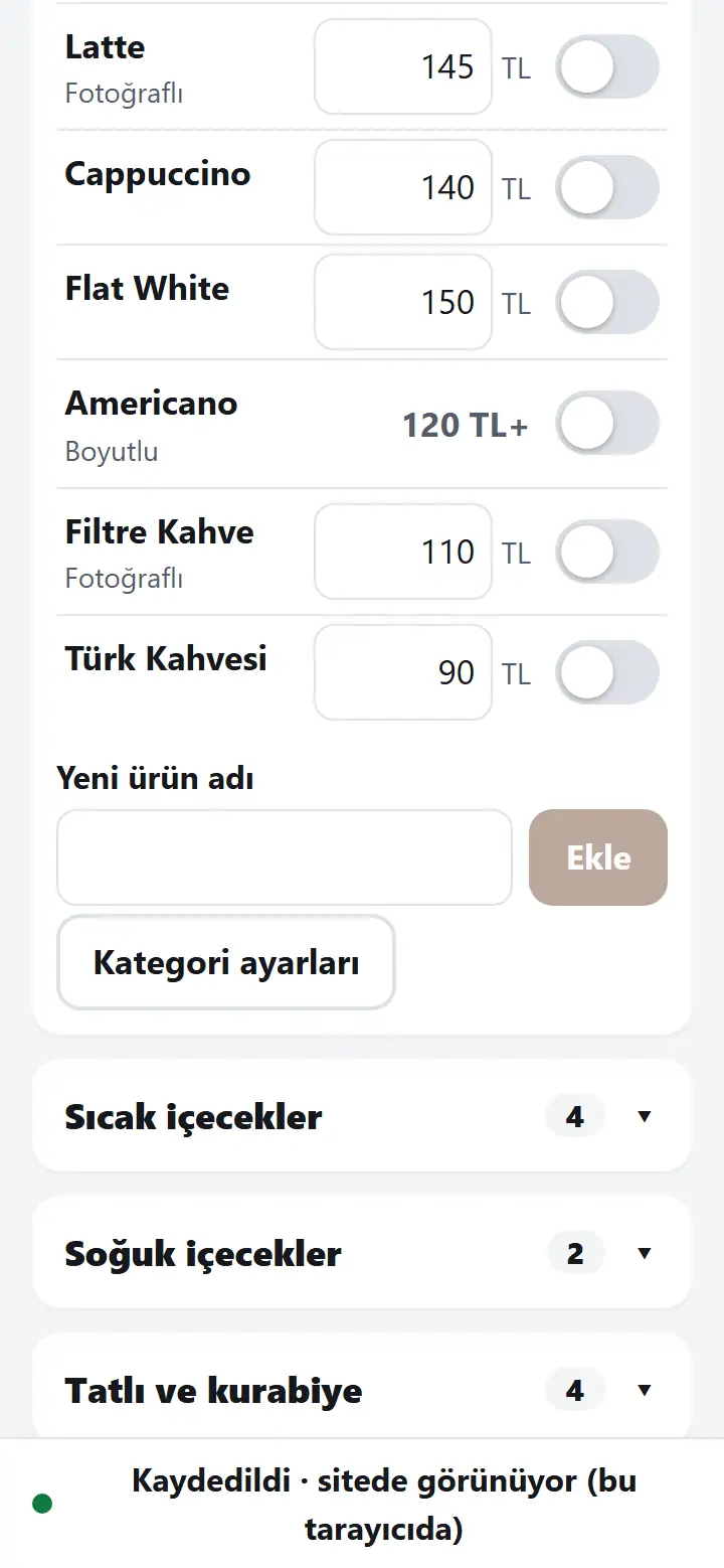 Yönetim panelinde menü listesi: Türk Kahvesi 90 TL