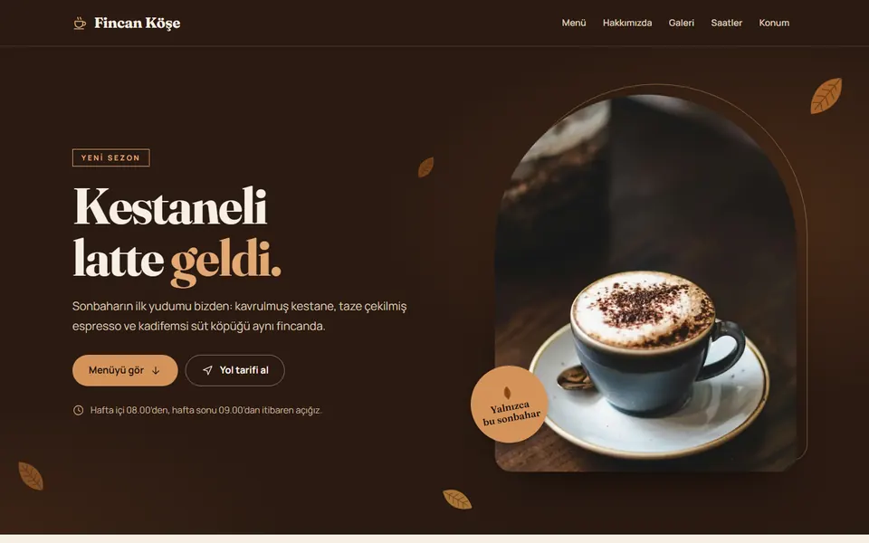 Örnek kafe sitesi Fincan Köşe’nin bilgisayardaki görünümü