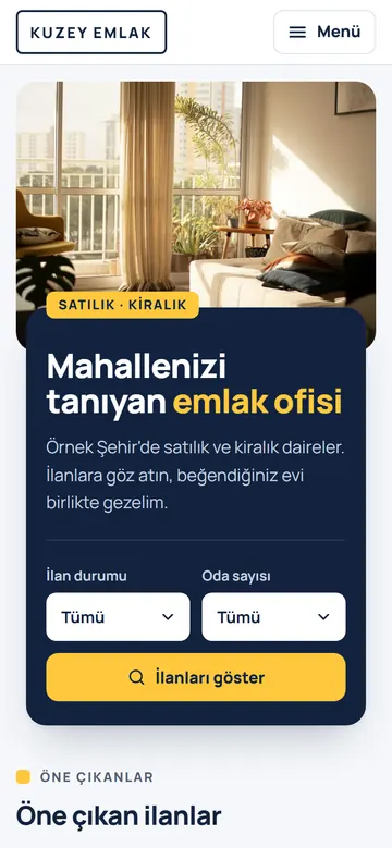 Kuzey Emlak örnek sitesinin telefondaki görünümü