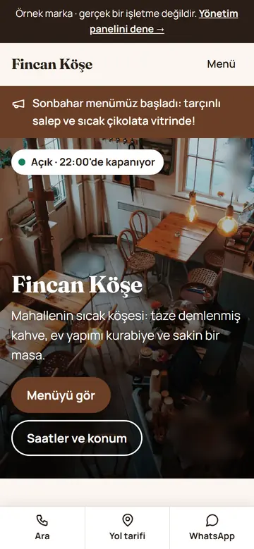 Fincan Köşe örnek sitesinin telefondaki görünümü