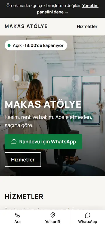 Makas Atölye örnek sitesinin telefondaki görünümü